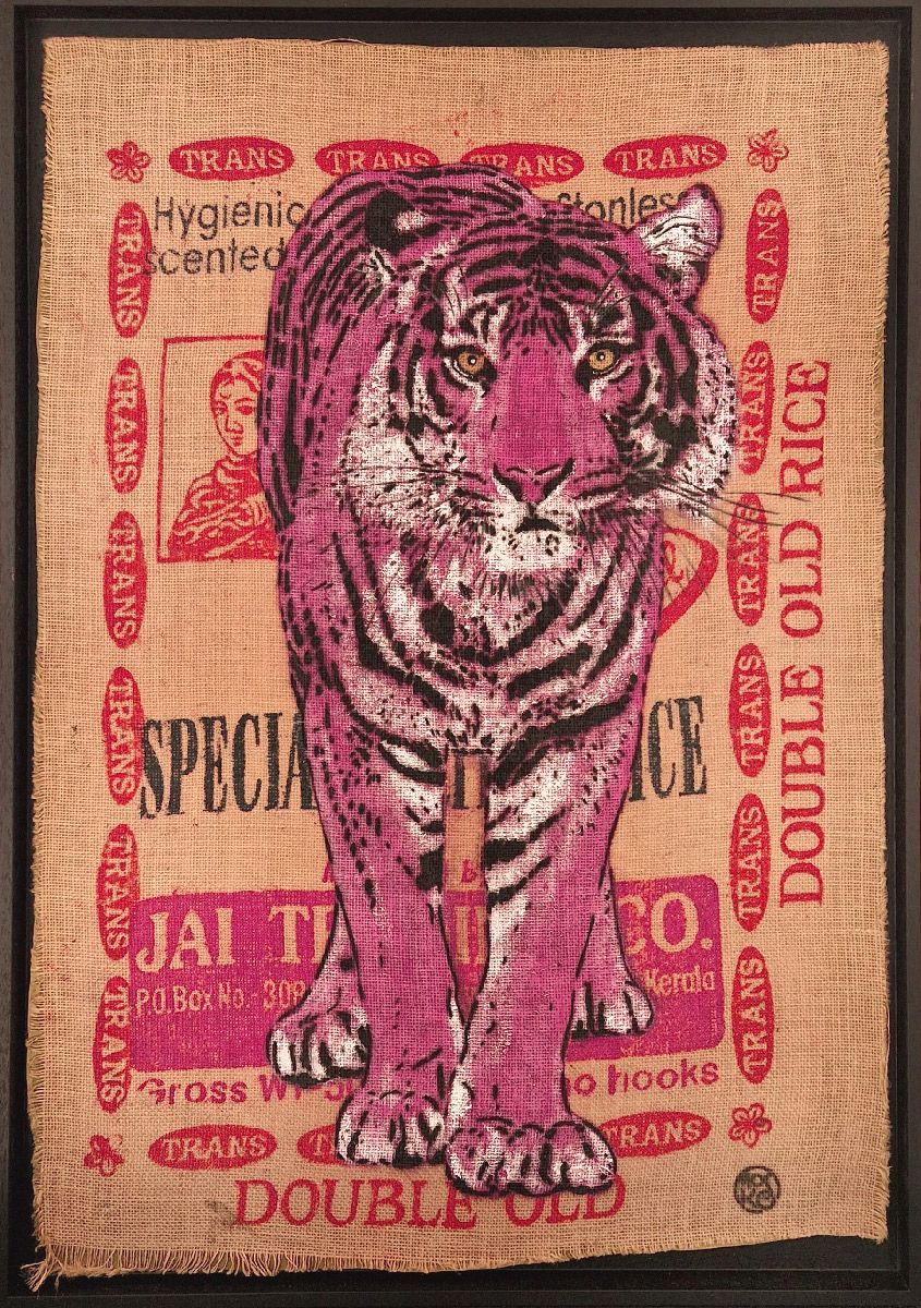 Tableau de MOSKO a pour titre Tigre violet Old Rice style street art dim : MOSKOprix:1800