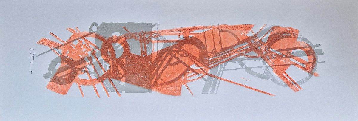 Editions d'art de OSRU a pour titre SKATE/COMPOSITION ABSTRAITE ARGENTE ET ORANGE FLUO style figuratif dim : OSRUprix:70