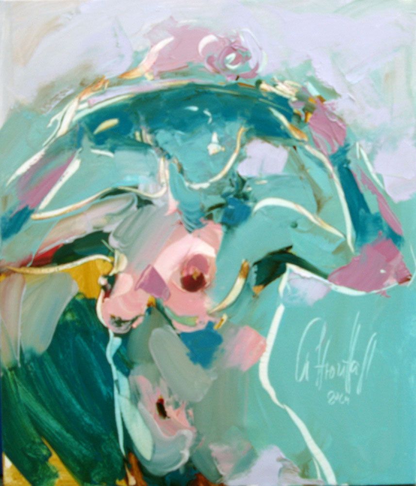 Tableau de OLENA SINIUHINA a pour titre Le chapeau rose style figuratif dim : OLENA SINIUHINAprix:220