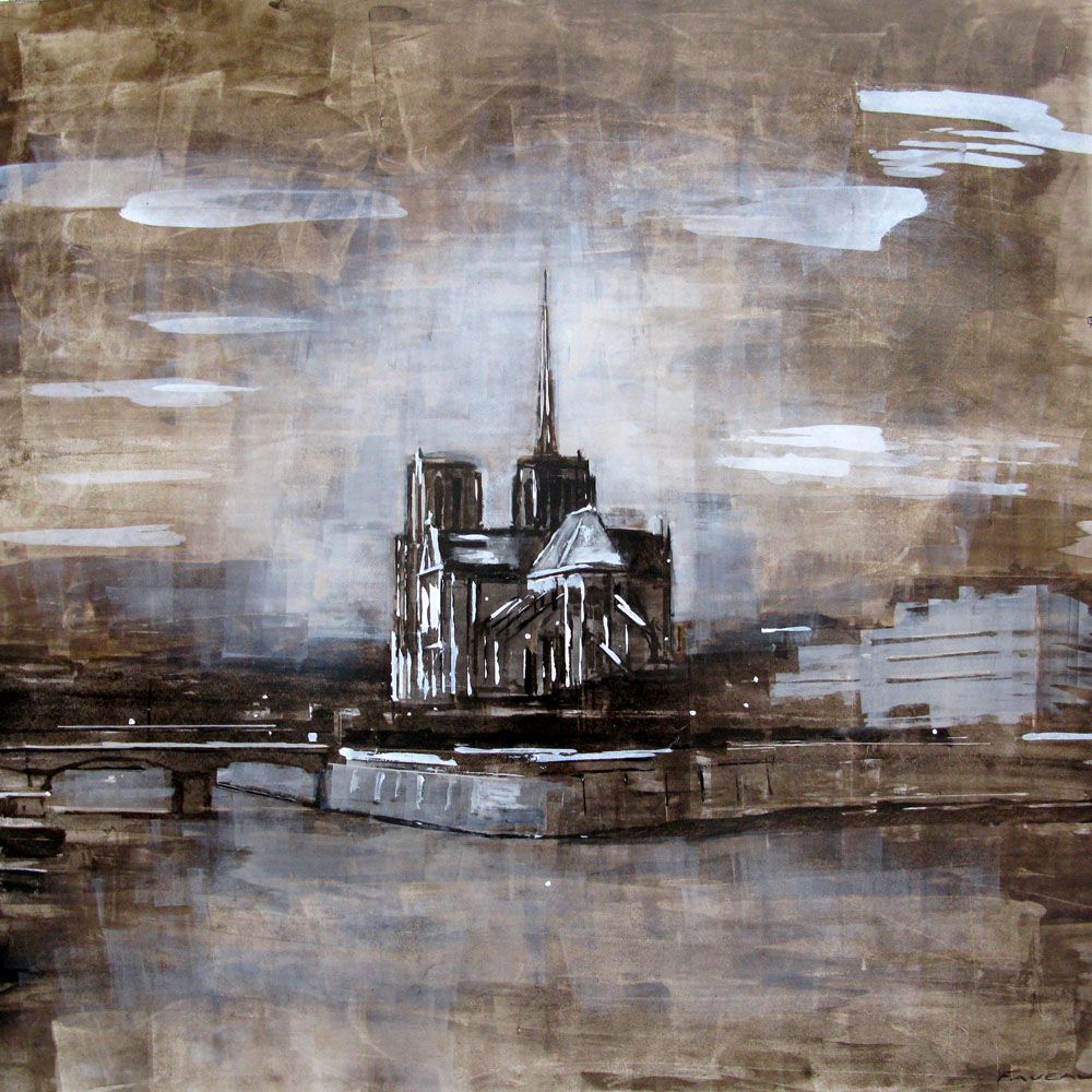 Tableau de ADRIEN FAVEAU a pour titre NOTRE DAME MONOCHROME style figuratif dim : ADRIEN FAVEAUprix:2500