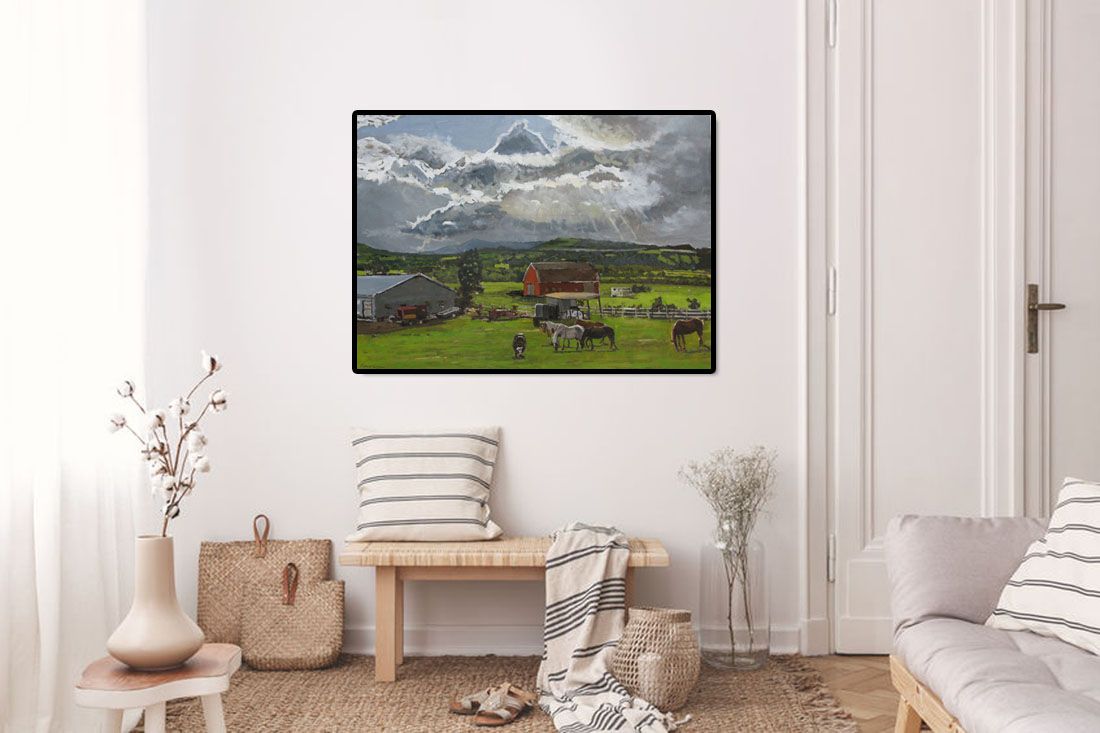 Tableau de ADRIEN FAVEAU a pour titre AMERICAN FARM style figuratif dim : ADRIEN FAVEAUprix:2300