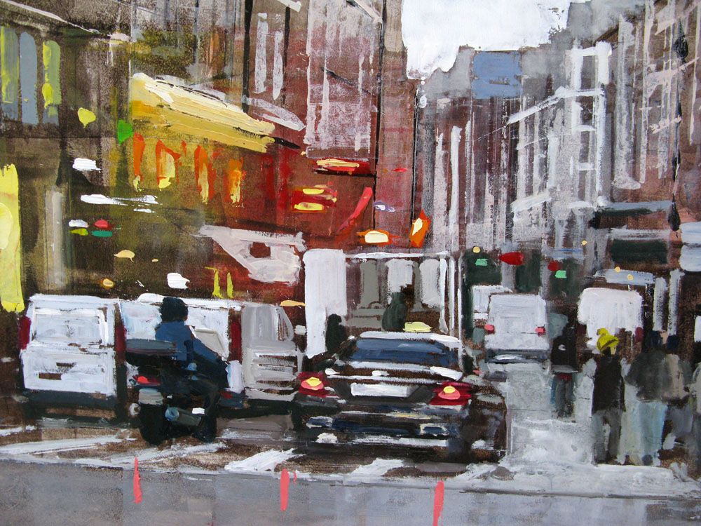 Tableau de ADRIEN FAVEAU a pour titre RUE DU FAUBOURG MONTMARTRE style figuratif dim : ADRIEN FAVEAUprix:2500