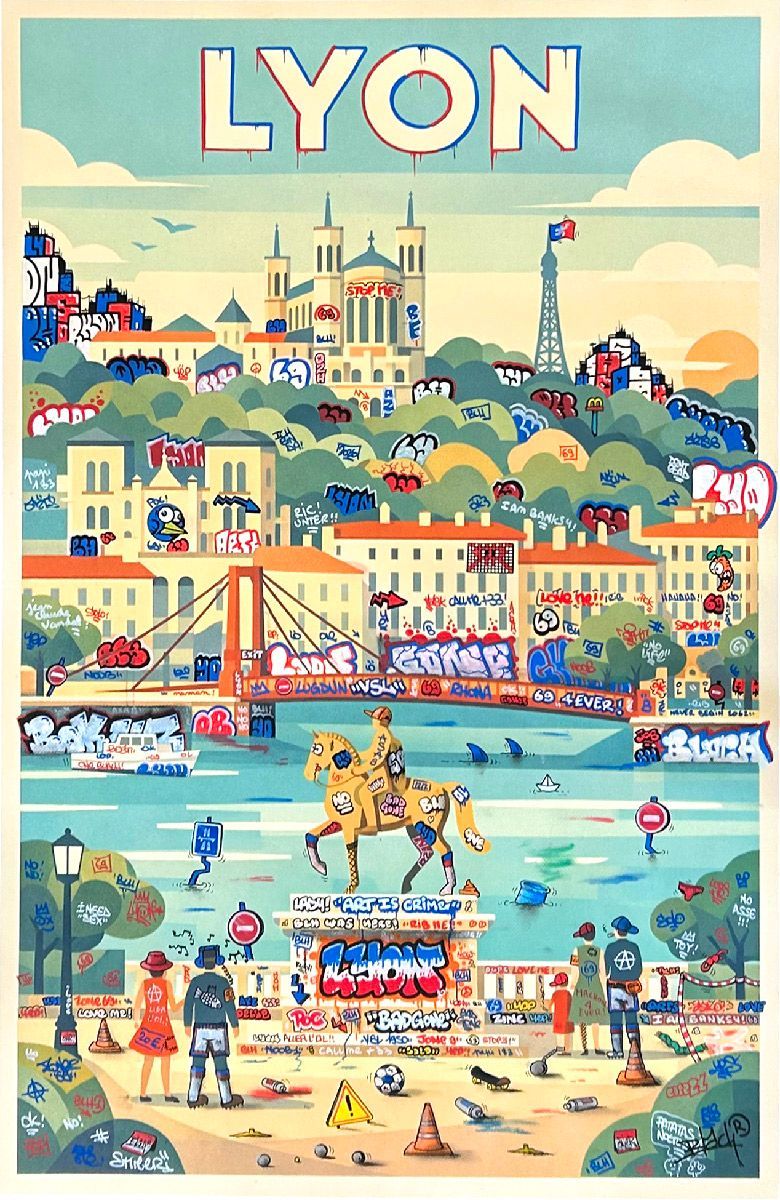Tableau de BLACH a pour titre Lyon vintage et graffiti style graffiti, street art dim : BLACHprix:550
