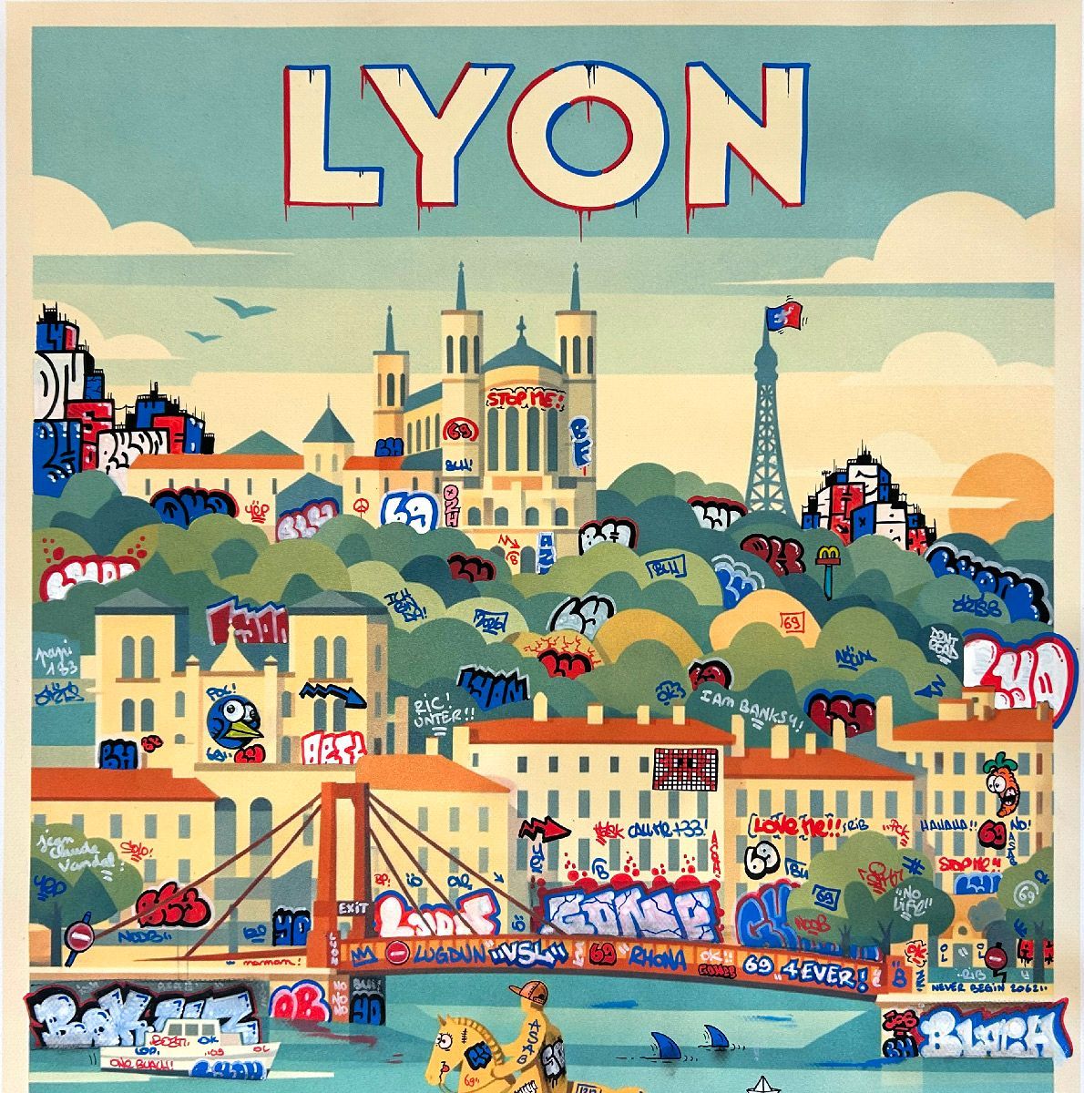 Tableau de BLACH a pour titre Lyon vintage et graffiti style graffiti, street art dim : BLACHprix:550