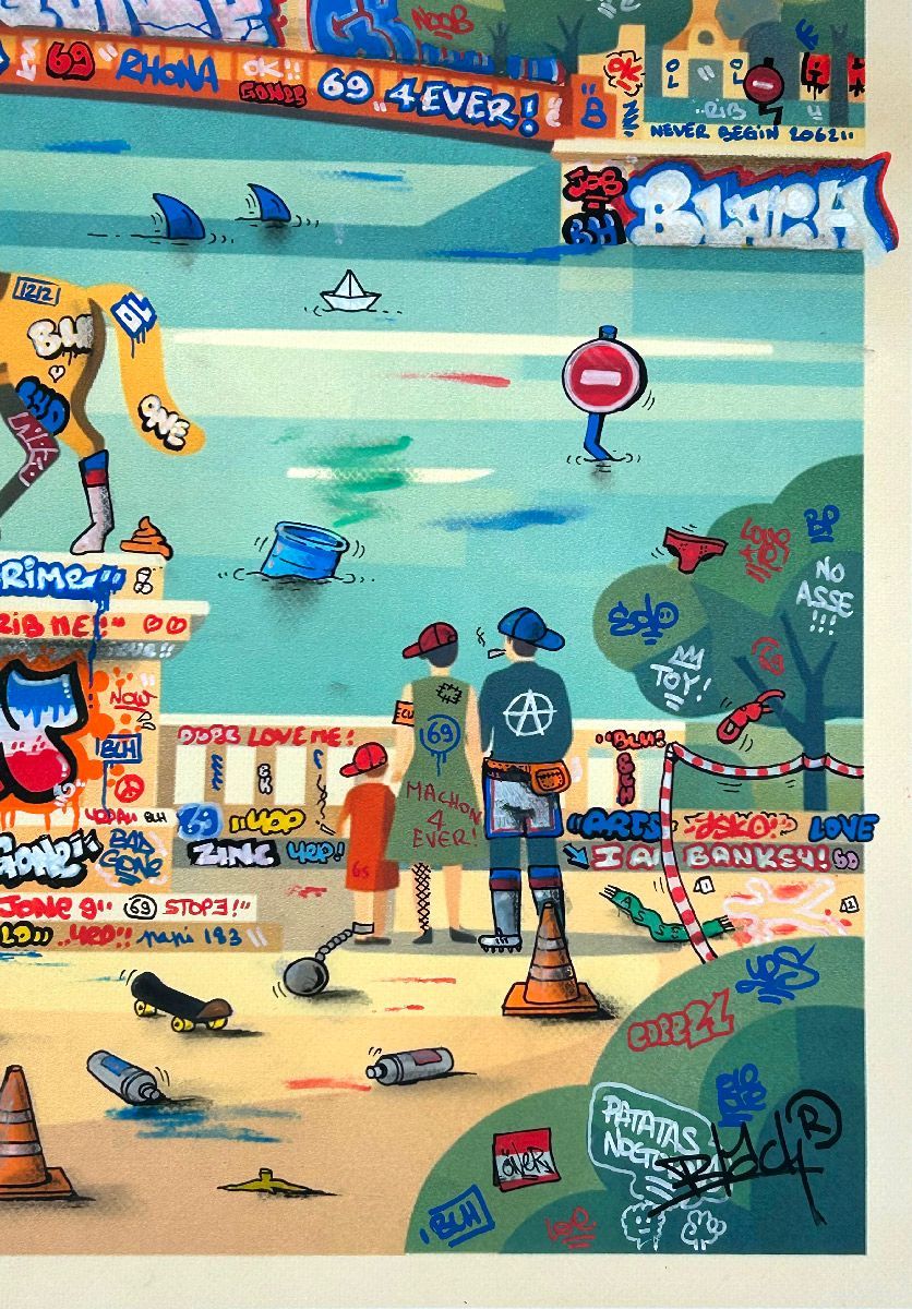 Tableau de BLACH a pour titre Lyon vintage et graffiti style graffiti, street art dim : BLACHprix:550