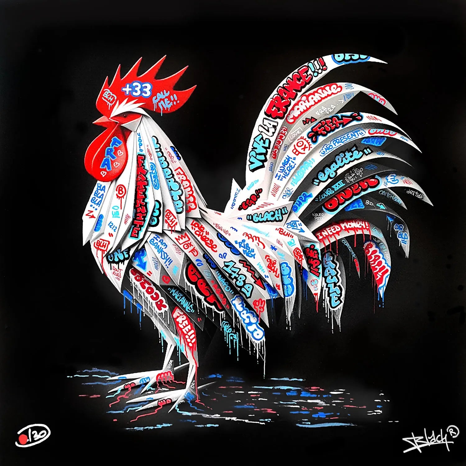 Editions d'art de BLACH a pour titre Coq Vive la France Origami style graffiti, street art dim : BLACHprix:150