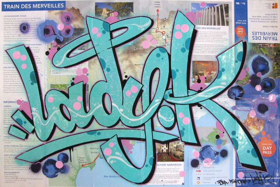 Dessin de LADY K a pour titre LADY K SUR TRAIN DES MERVEILLES style graffiti, street art dim : LADY Kprix:400