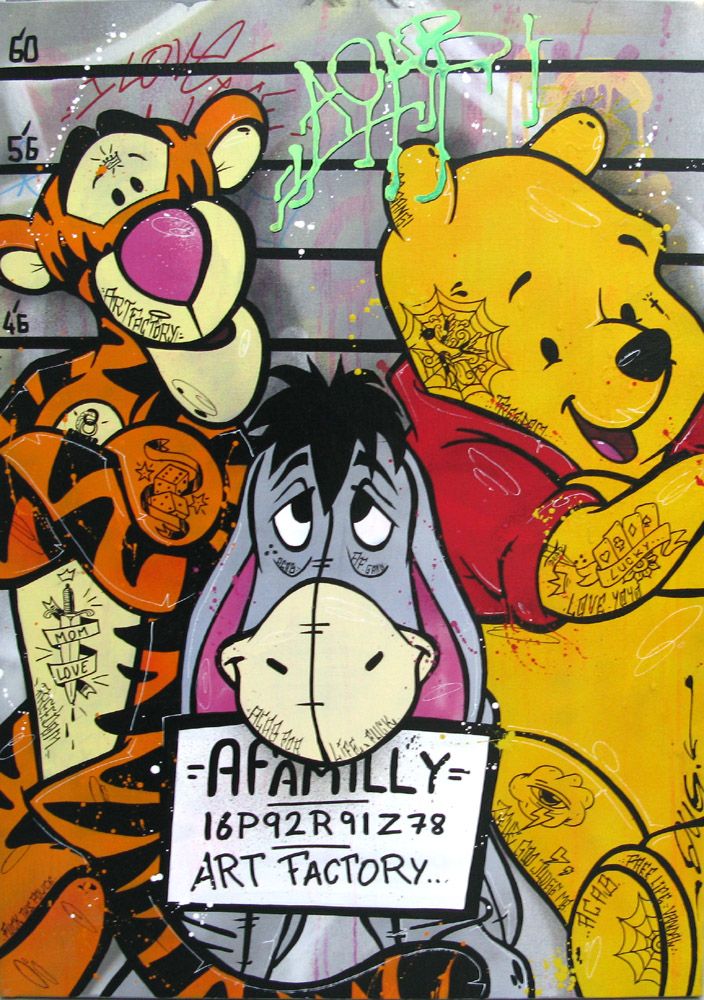 Tableau de JUG a pour titre FAMILY JAIL style street pop art dim : JUGprix:700