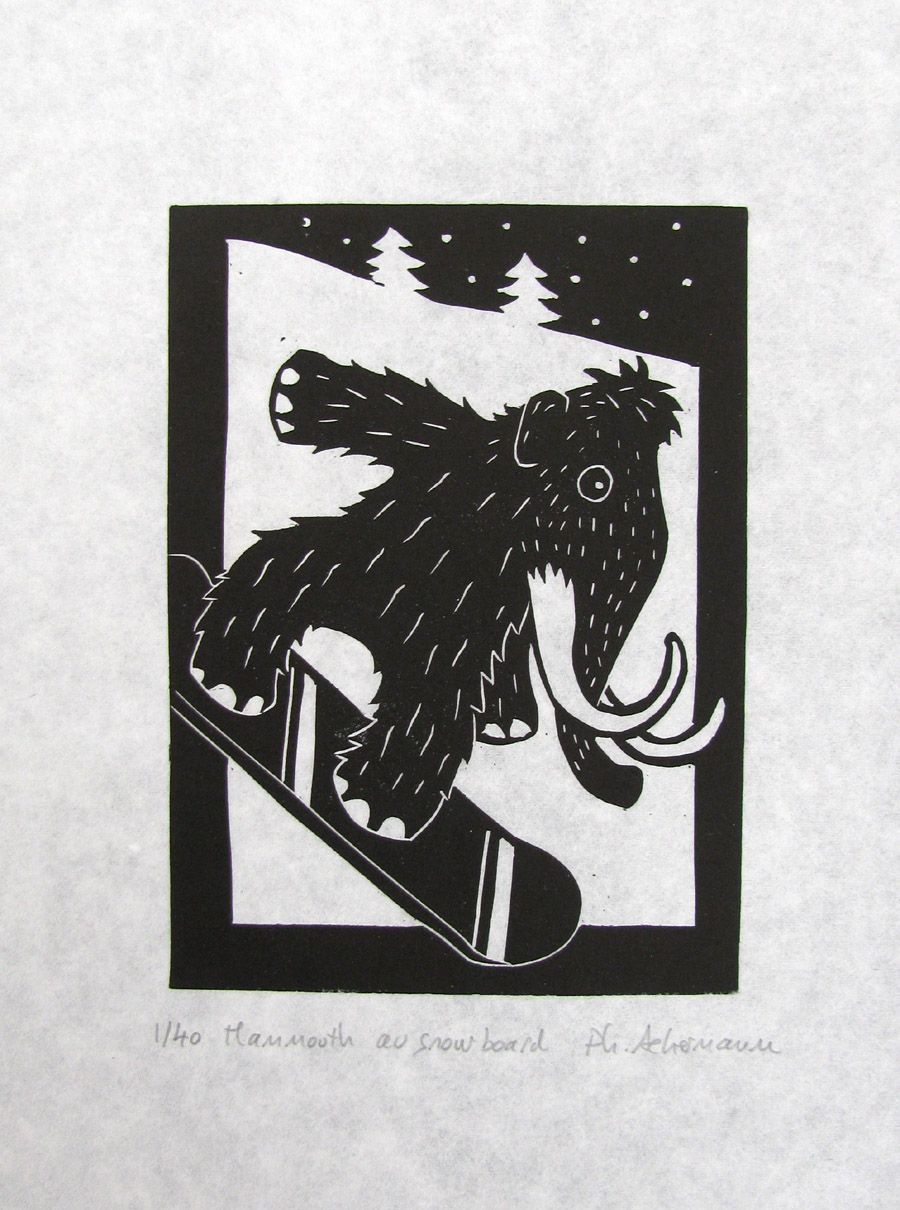 Editions d'art de PHILIPPE ACHERMANN a pour titre MAMMOUTH AU SNOWBOARD style figuratif dim : PHILIPPE ACHERMANNprix:40