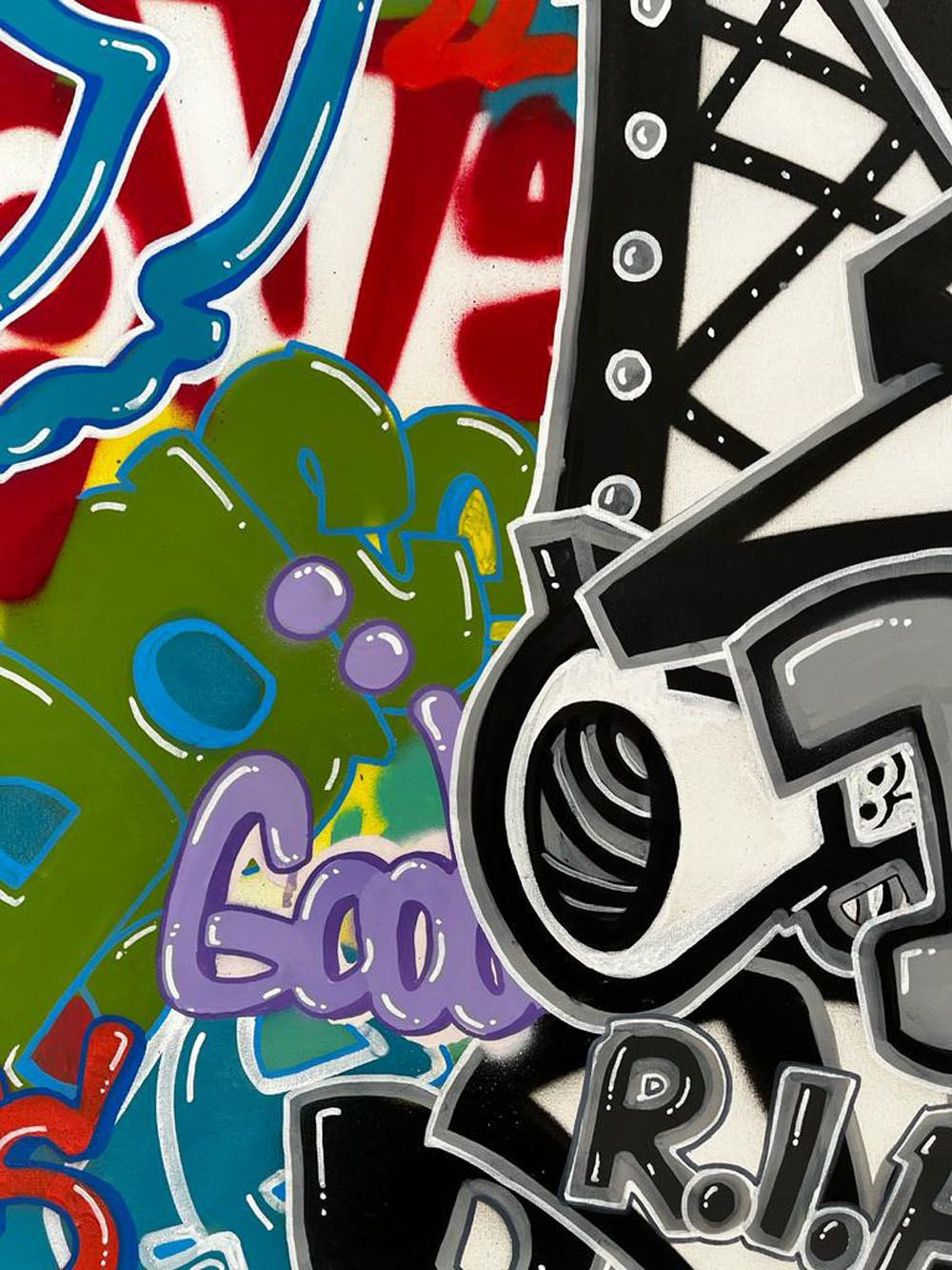 Tableau de GUTI a pour titre RIP WHY style graffiti, street art dim : GUTIprix:850