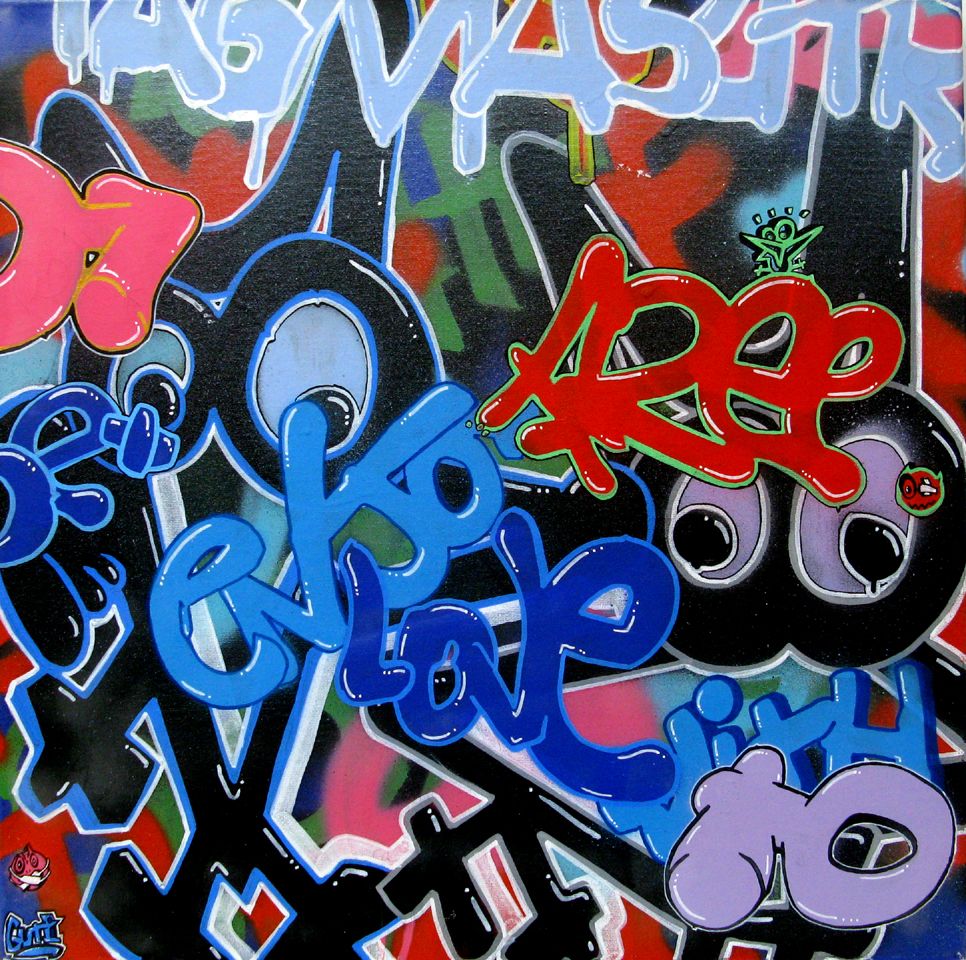 Tableau de GUTI a pour titre AMOUR MASQUE style graffiti, street art dim : GUTIprix:250