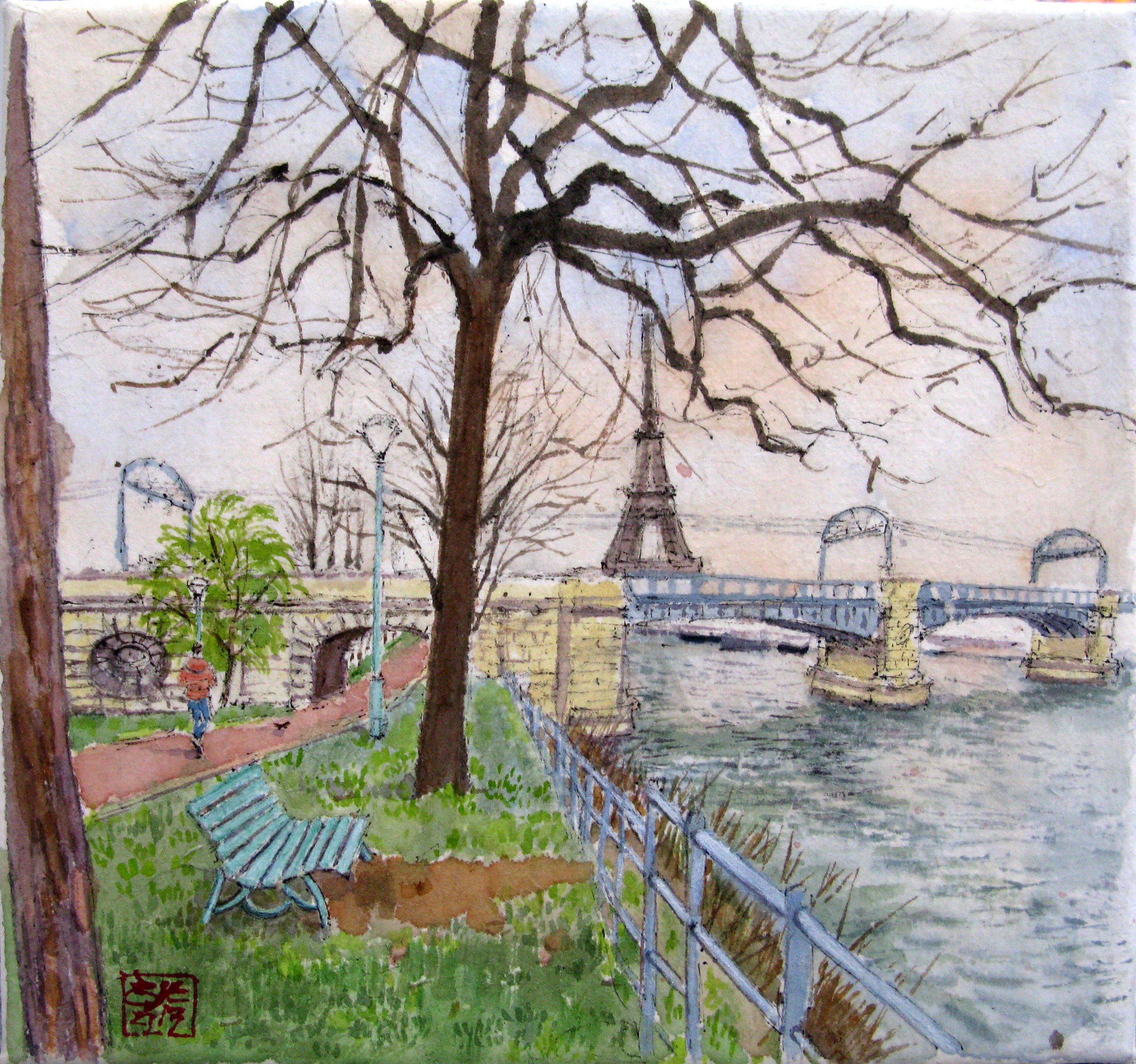 Tableau de JEONG MIN LEE a pour titre Promenade bord de Seine style figuratif dim : JEONG MIN LEEprix:90