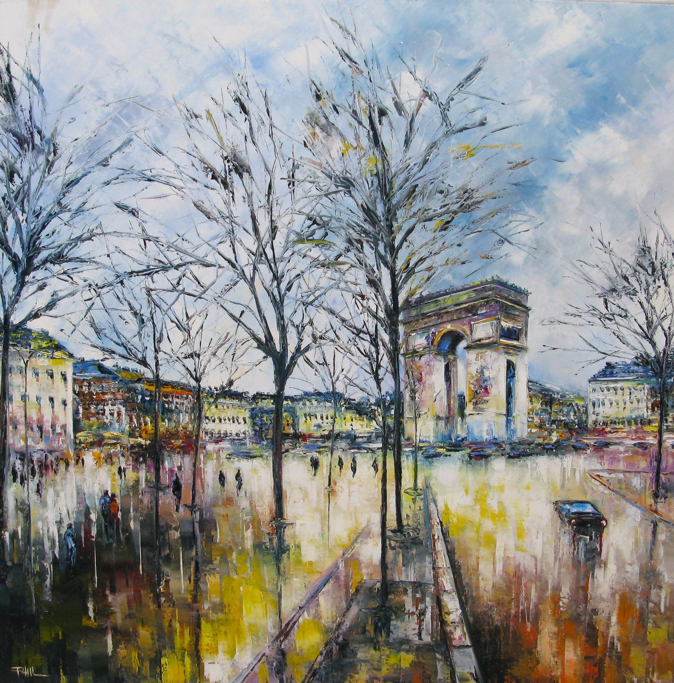 Tableau de PHIL a pour titre Arrivée des Champs Elysées style figuratif dim : PHILprix:850