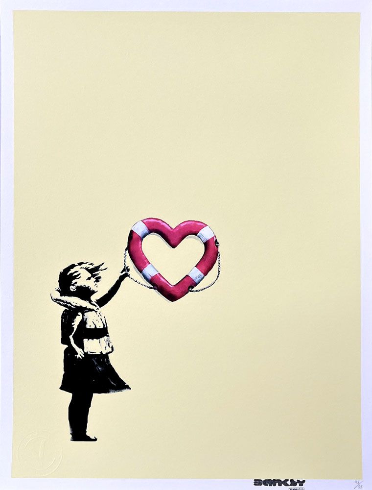 Editions d'art de BANKSY x POST MODERN VANDAL a pour titre Girl with heart shaped float yellow style figuratif dim : BANKSY x POST MODERN VANDALprix:800