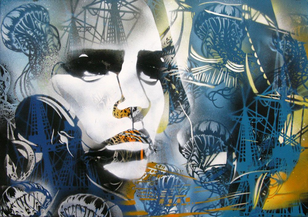 Tableau de KARO TRASS a pour titre PONT D'ATTACHE style street pop art, street art dim : KARO TRASSprix:350