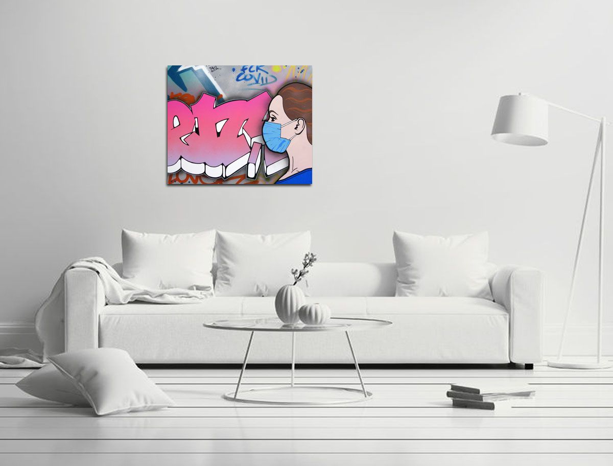 Tableau de KENY a pour titre FUCK COVID style graffiti, street pop art dim : KENYprix:700