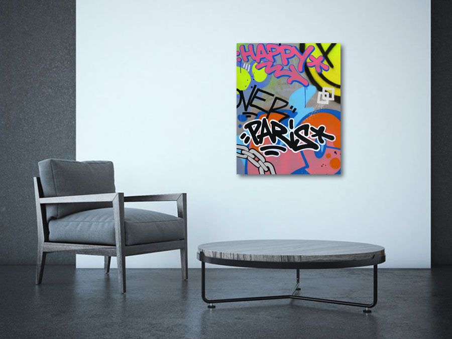 Tableau de KENY a pour titre HAPPY PARIS style graffiti, street art dim : KENYprix:550