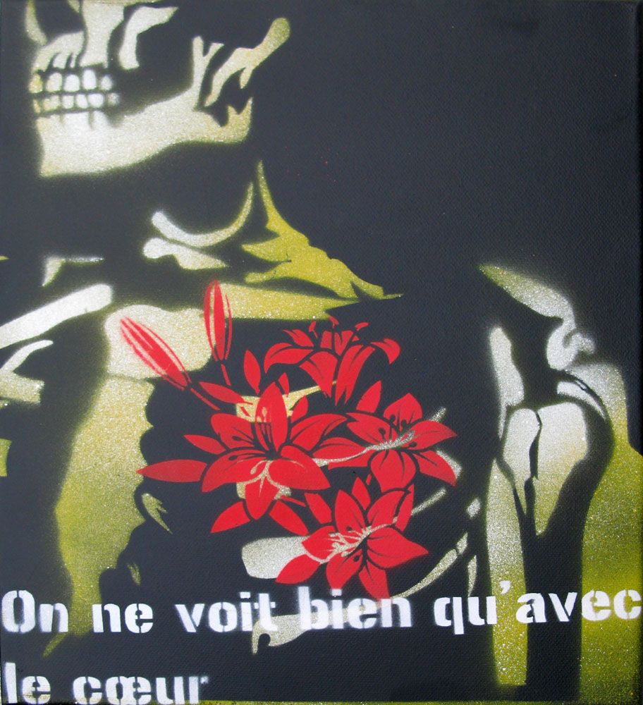 Tableau de KARO TRASS a pour titre On ne voit bien qu'avec le coeur style street pop art, street art dim : KARO TRASSprix:150