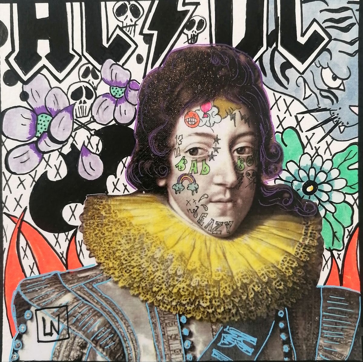 Dessin de LN LE PAPE a pour titre LOUIS XIII OU LES PREMICES DE LA COUPE MULET style street pop art dim : LN LE PAPEprix:50