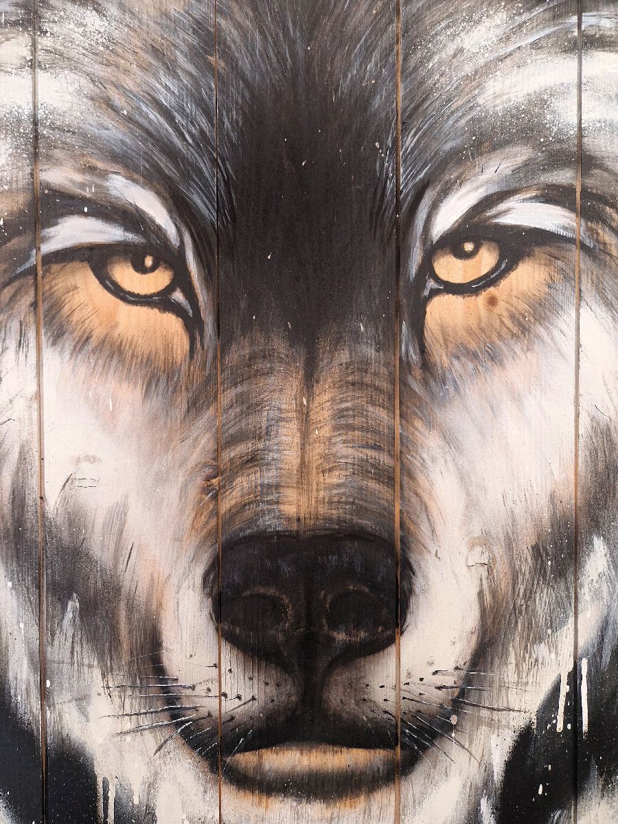 Tableau de ART HM a pour titre Loup sur Bois style figuratif, graphique dim : ART HMprix:1000