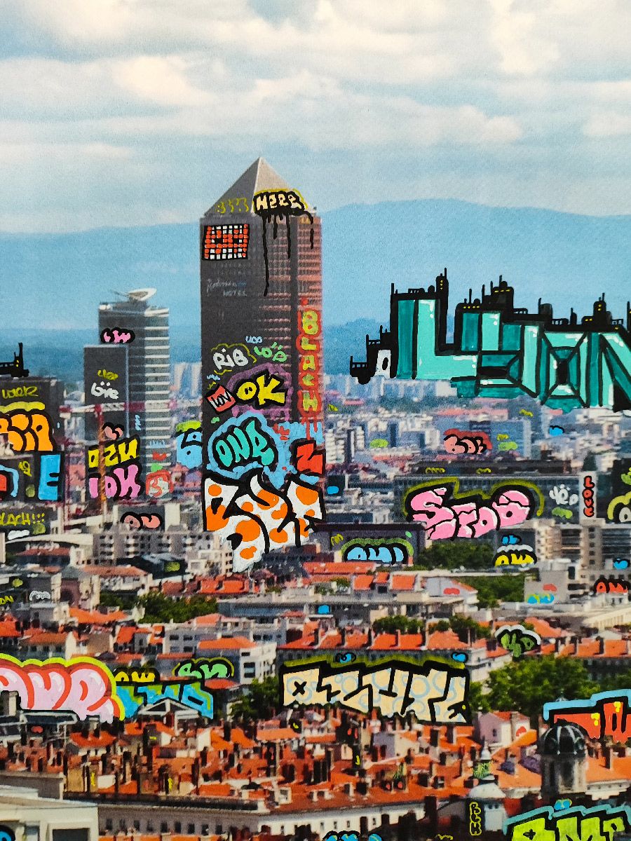 Tableau de BLACH a pour titre Lyon Simpson Foot et Tacos style graffiti, street art dim : BLACHprix:550