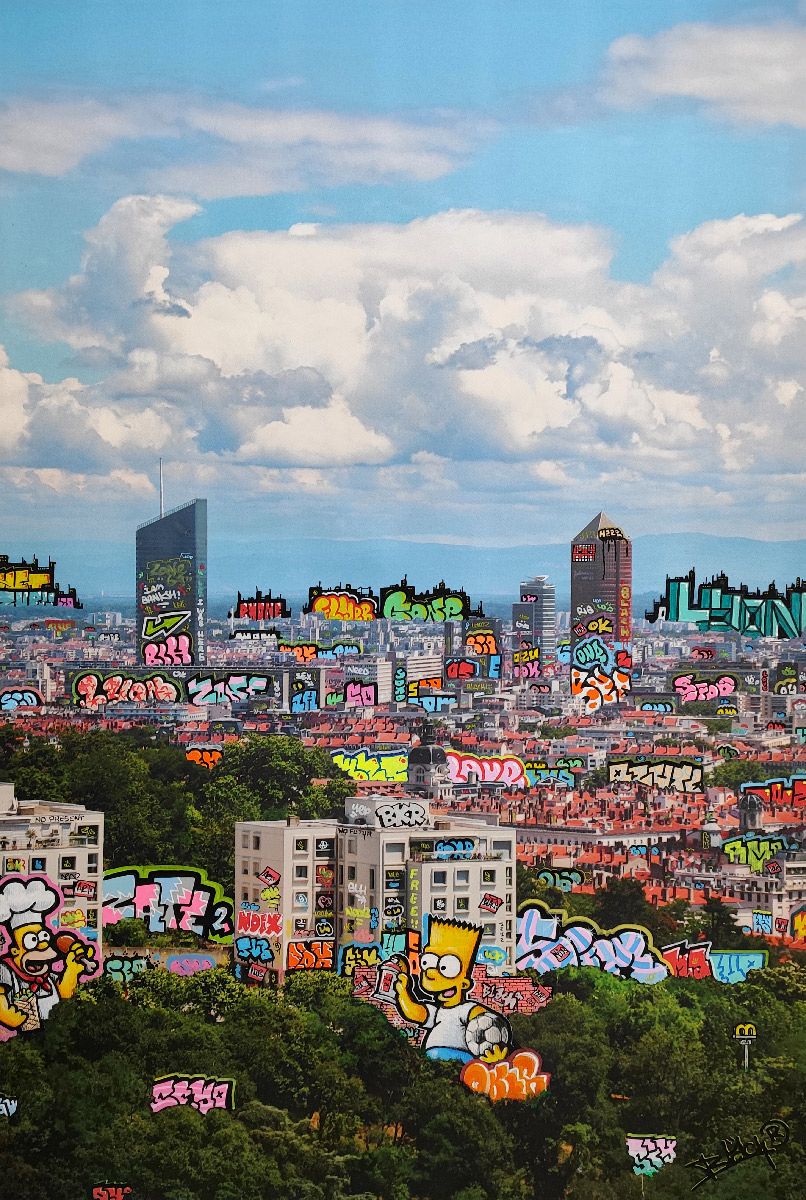 Tableau de BLACH a pour titre Lyon Simpson Foot et Tacos style graffiti, street art dim : BLACHprix:550