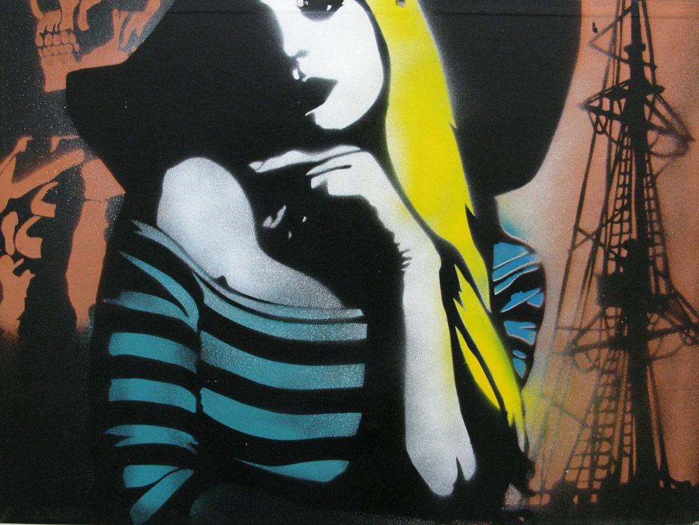 Tableau de KARO TRASS a pour titre Margaux attend sur le port style street pop art, street art dim : KARO TRASSprix:170