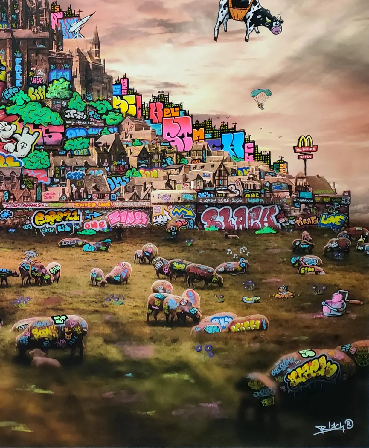Editions d'art de BLACH a pour titre Mont Saint Michel Apocalypse 3054 style graffiti, street art dim : BLACHprix:230