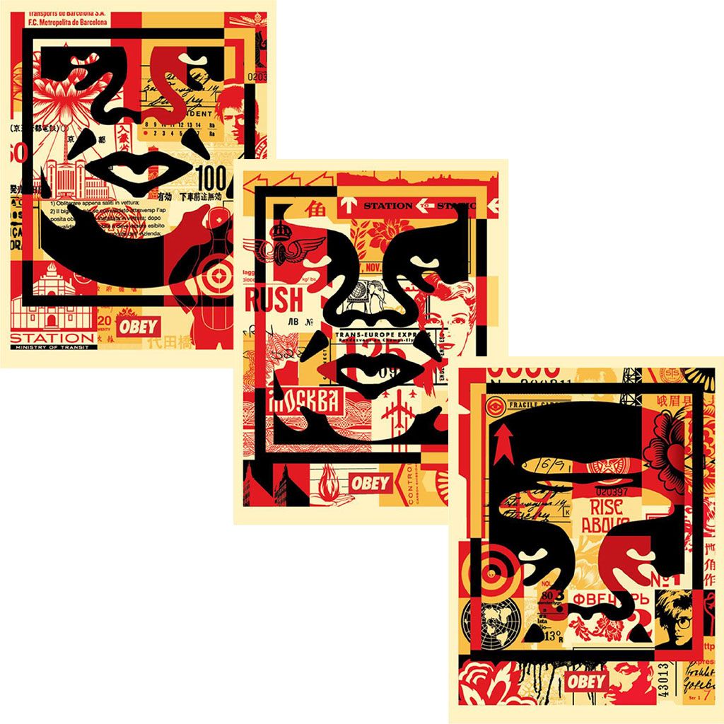 Editions d'art de OBEY : SHEPARD FAIREY a pour titre OBEY 3-FACE COLLAGE style street pop art dim : OBEY : SHEPARD FAIREY prix:130