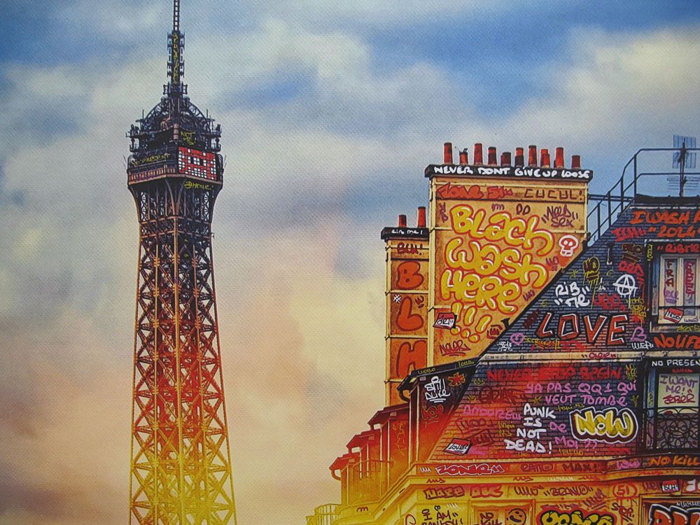 Tableau de BLACH a pour titre Paris couché de soleil et graffitis brulants style graffiti, street art dim : BLACHprix:220