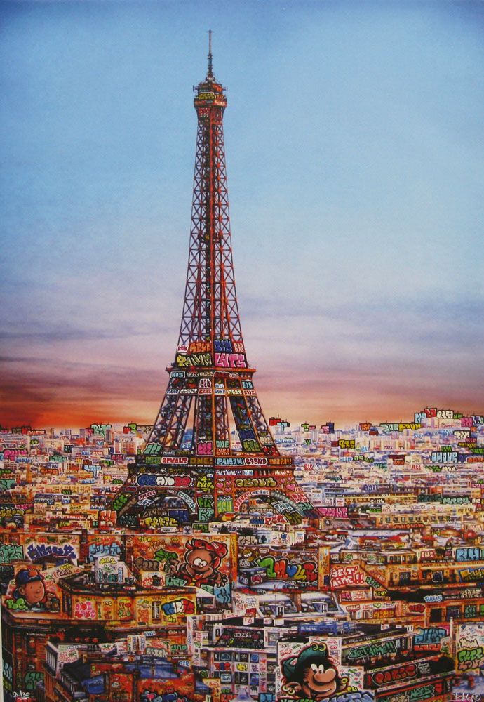 Tableau de BLACH a pour titre Paris je t'aime style graffiti, street art dim : BLACHprix:160