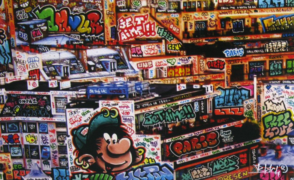 Tableau de BLACH a pour titre Paris je t'aime style graffiti, street art dim : BLACHprix:160