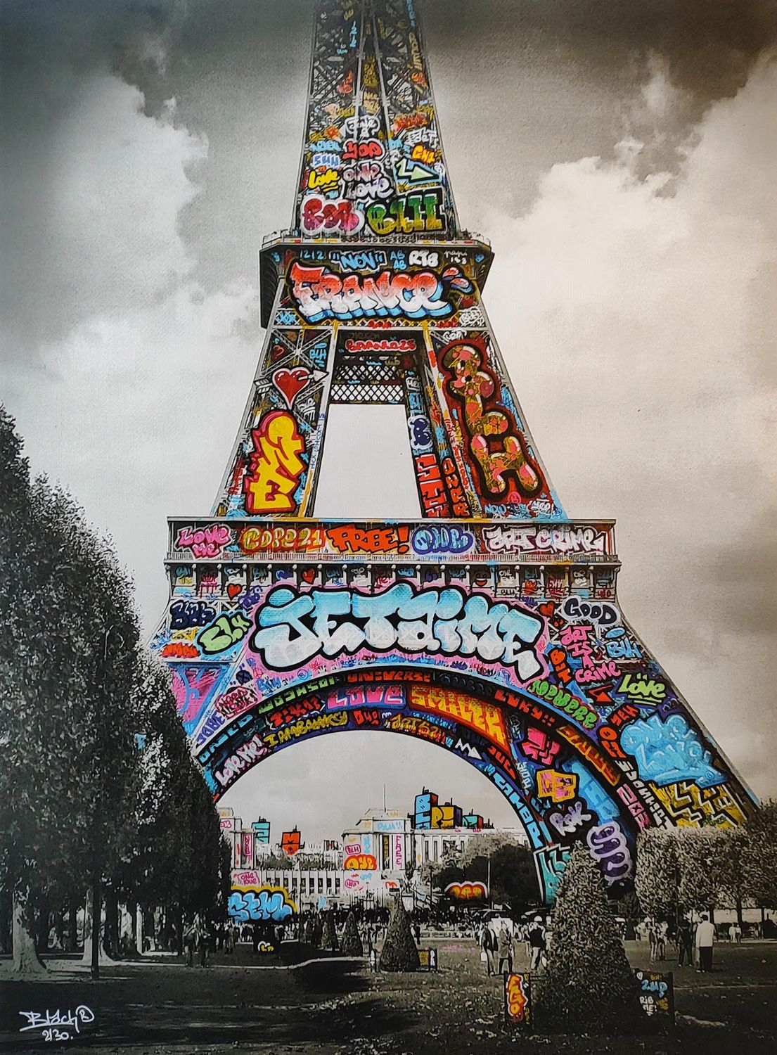 Editions d'art de BLACH a pour titre Paris, la Tour Eiffel en noir et blanc, je t’aime style graffiti, street art dim : BLACHprix:160