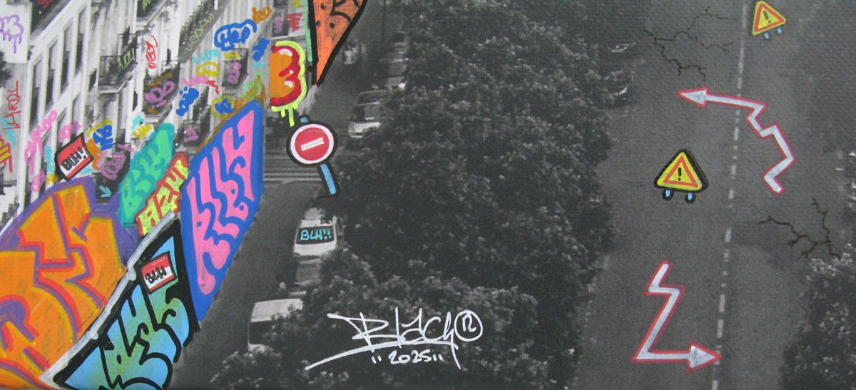 Editions d'art de BLACH a pour titre Paris panoramique en noir et blanc style graffiti, street pop art dim : BLACHprix:1500