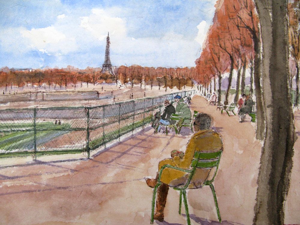 Tableau de JEONG MIN LEE a pour titre Pause méridienne au jardin des Tuileries style figuratif dim : JEONG MIN LEEprix:160