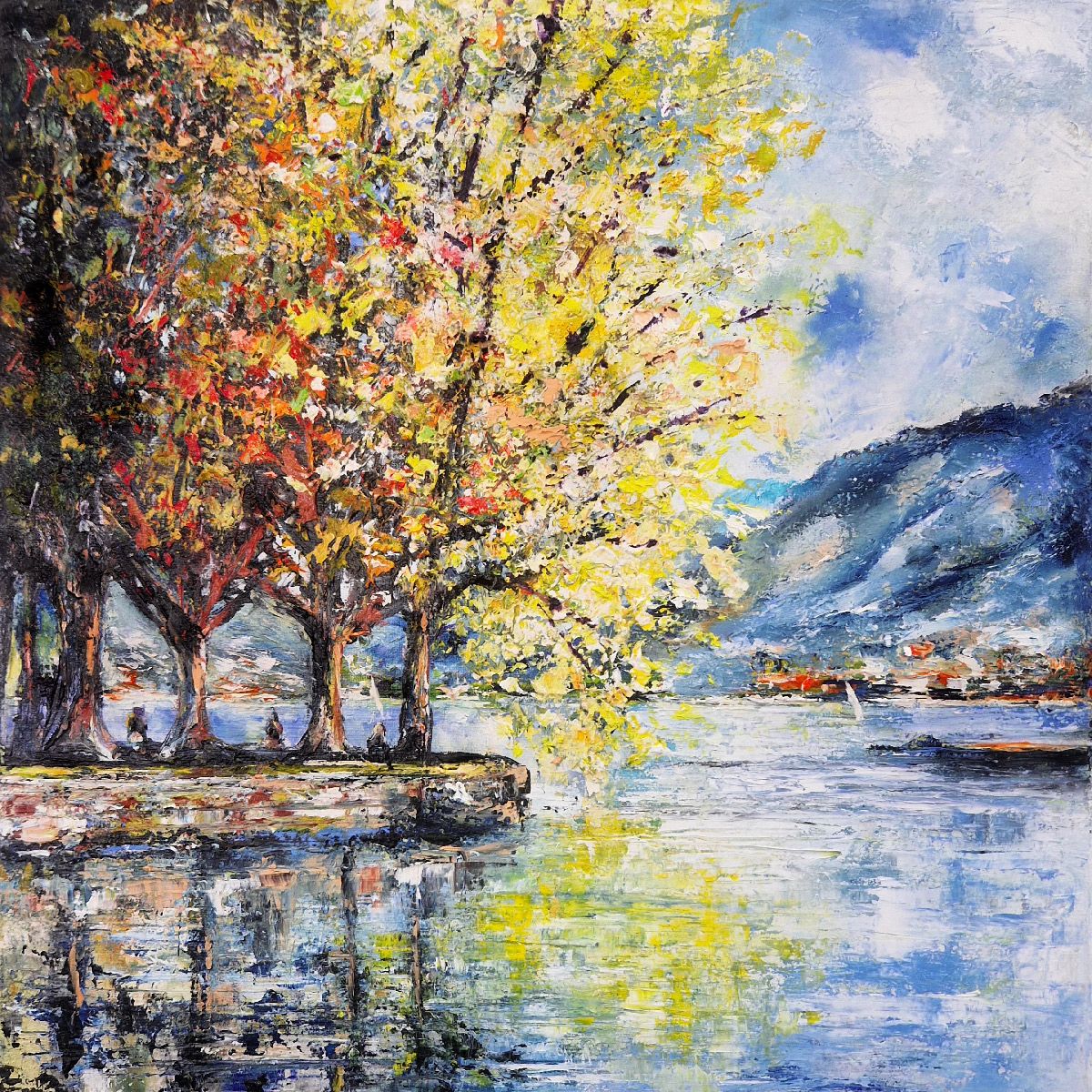 Tableau de PHIL a pour titre Rives du lac d'Annecy style figuratif dim : PHILprix:250