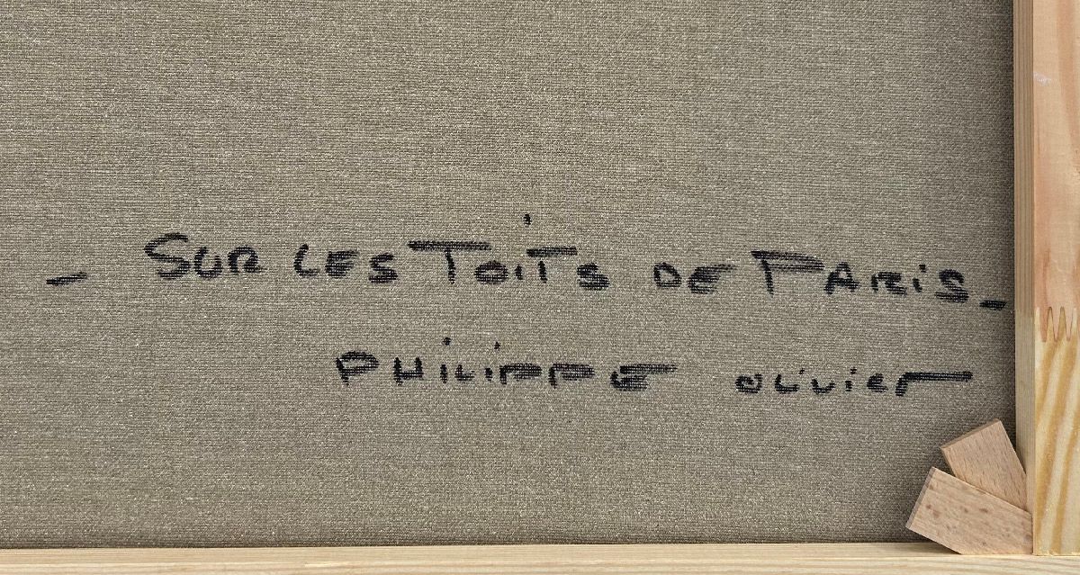 Tableau de PHIL a pour titre Sur les toits de Paris style figuratif dim : PHILprix:350