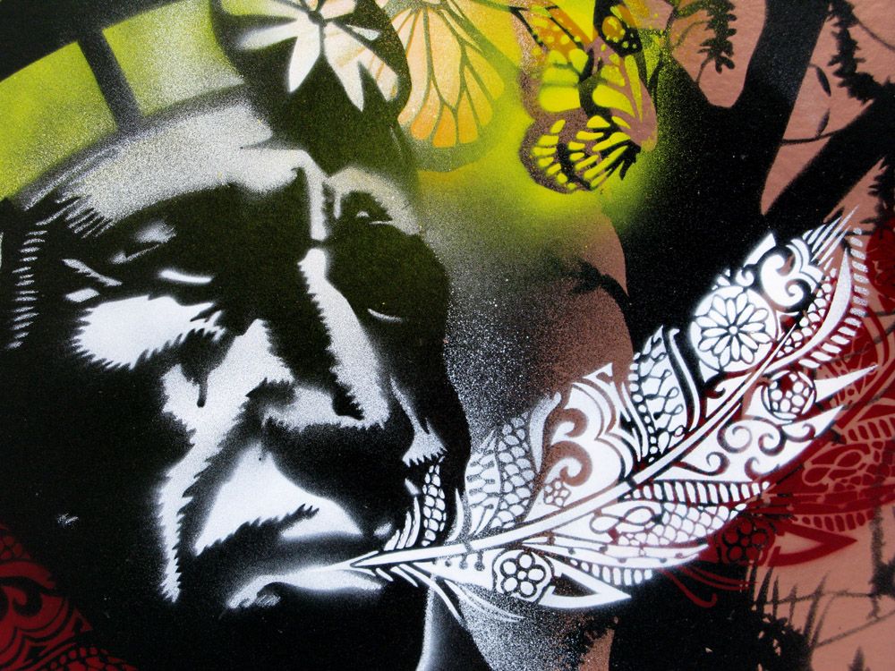 Tableau de KARO TRASS a pour titre Prêtes moi ta plume style street pop art, street art dim : KARO TRASSprix:170