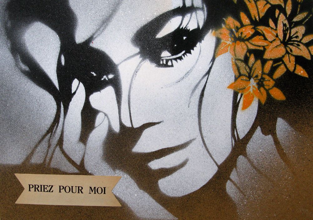 Tableau de KARO TRASS a pour titre Priez pour moi style street pop art, street art dim : KARO TRASSprix:90