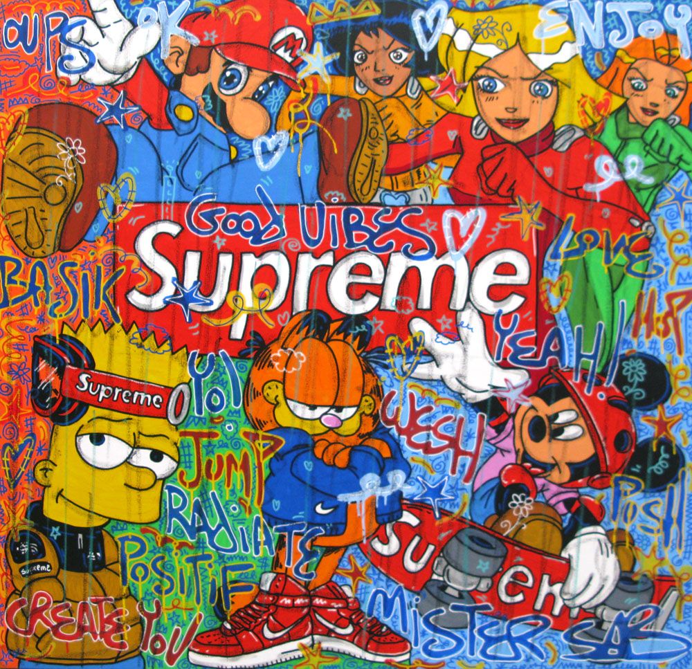 Tableau de RICO SAB a pour titre SUPREME GOOD VIBES style street pop art dim : RICO SABprix:1200