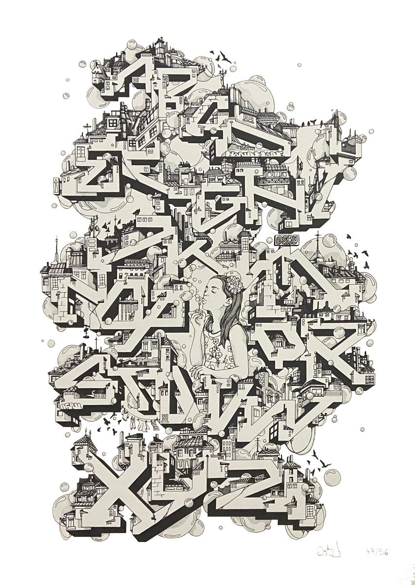 Editions d'art de OSRU a pour titre VILLES BULLES Noir et Blanc style graphique dim : OSRUprix:130