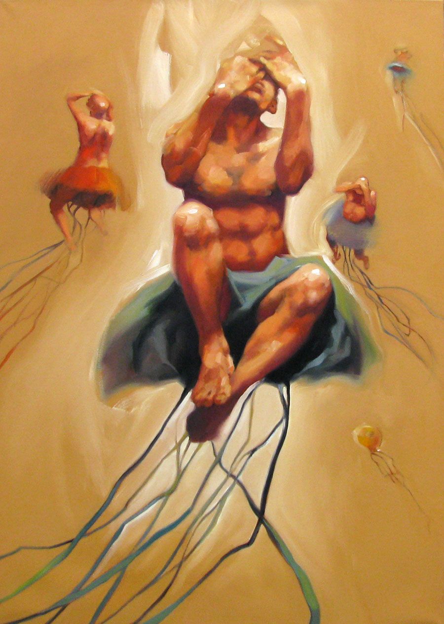 Tableau de MASSEBEUF Olivier a pour titre THE DEFLATED JELLY FISH style figuratif dim : MASSEBEUF Olivierprix:950