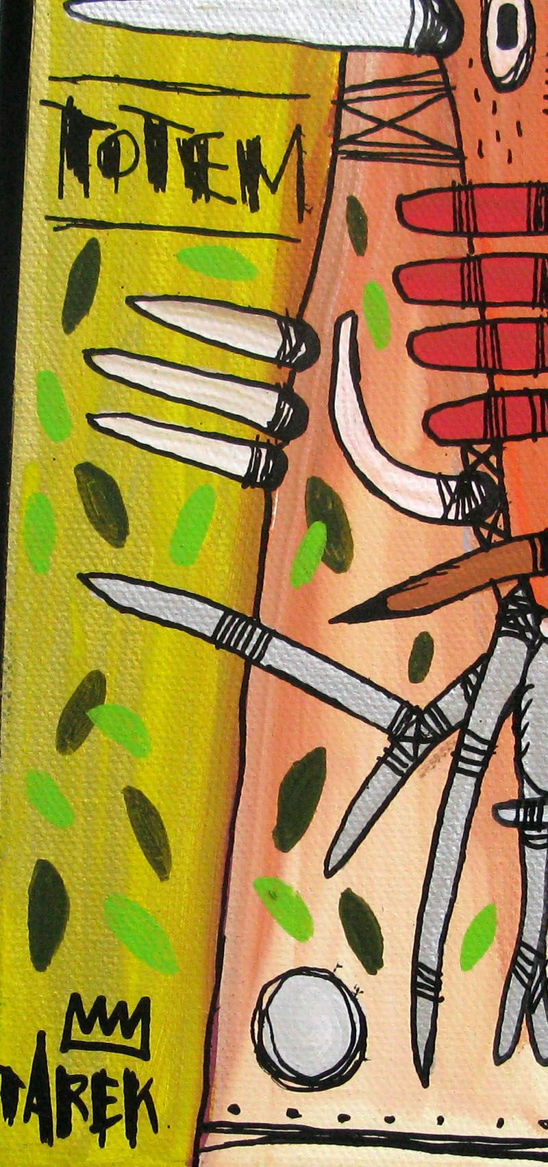 Tableau de TAREK a pour titre Totem Jaune style street art dim : TAREKprix:200