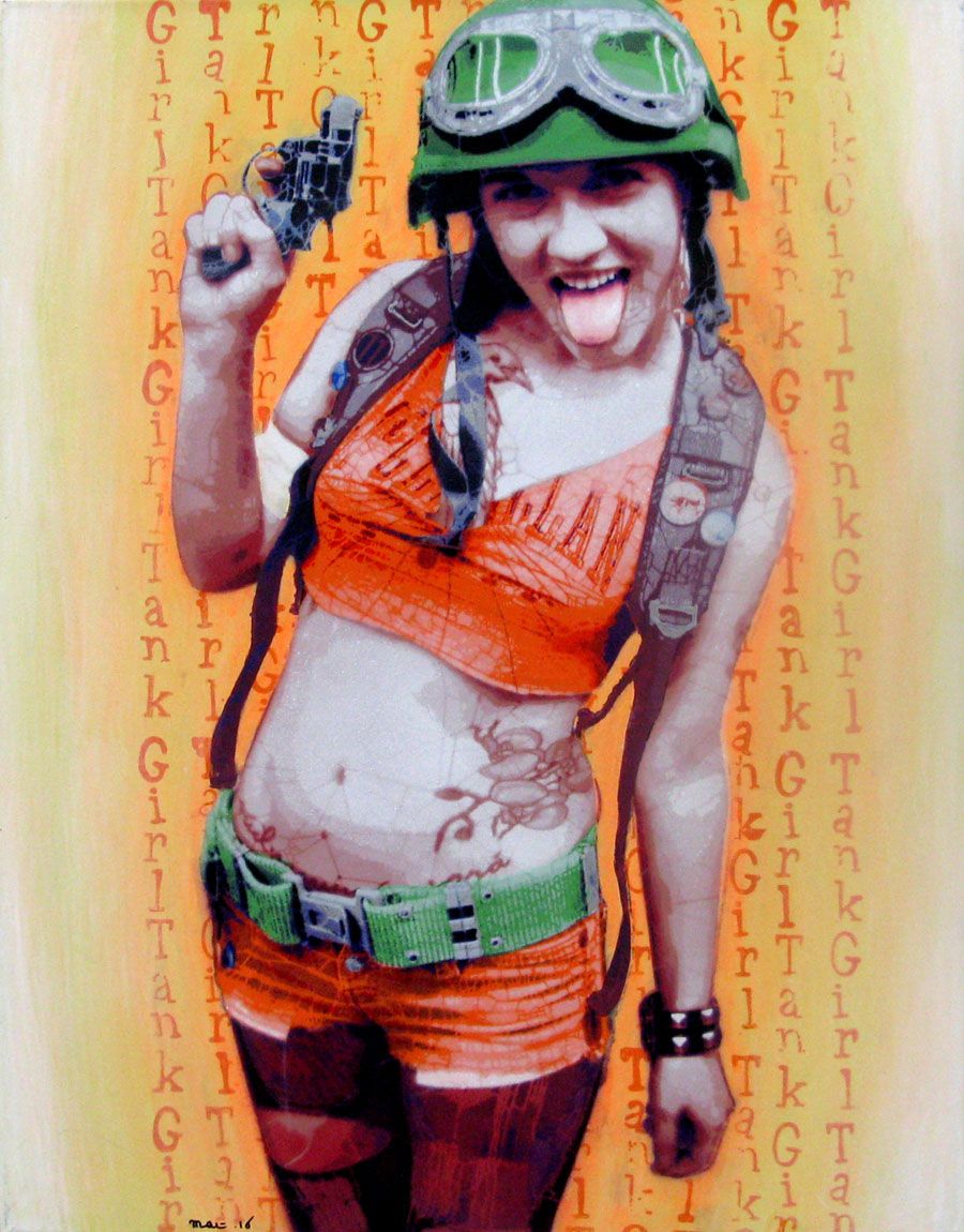 Tableau de MAT ELBE a pour titre DARE ORANGE TANK GIRL style street art dim : MAT ELBEprix:500