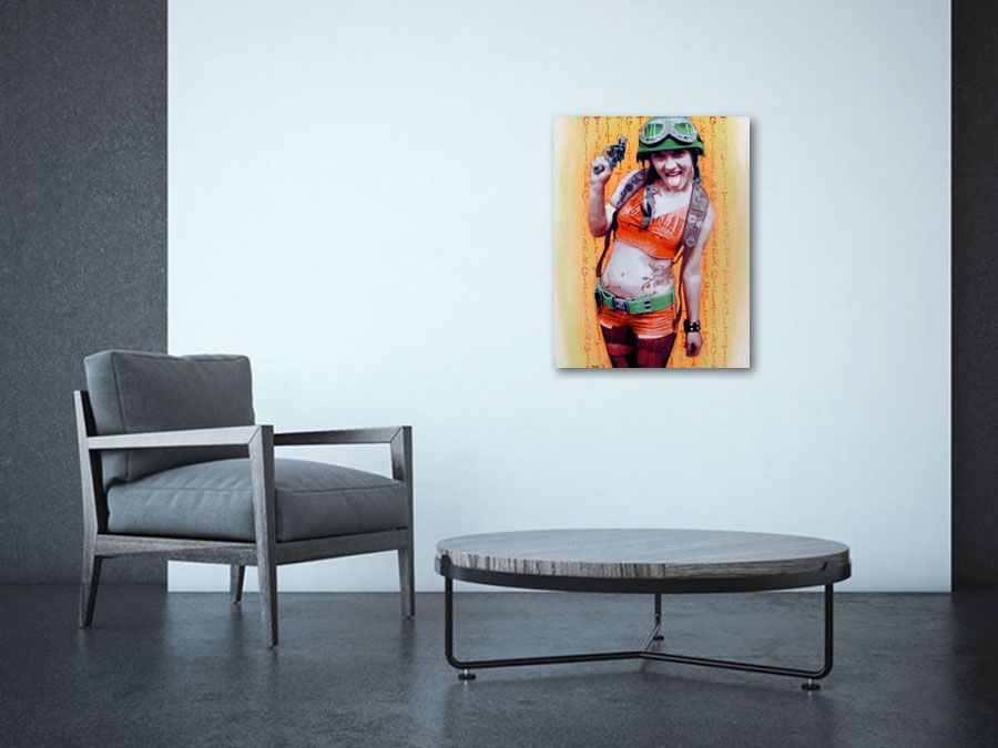 Tableau de MAT ELBE a pour titre DARE ORANGE TANK GIRL style street art dim : MAT ELBEprix:500