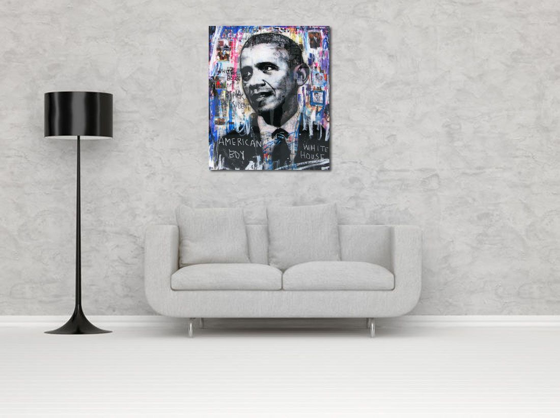 Tableau de THIERRY RASINE a pour titre BLACK PRESIDENT style street pop art, street art dim : THIERRY RASINEprix:1200