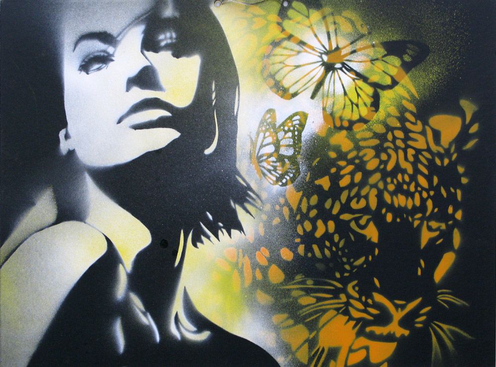 Tableau de KARO TRASS a pour titre Clémence et son chat style street pop art, street art dim : KARO TRASSprix:170