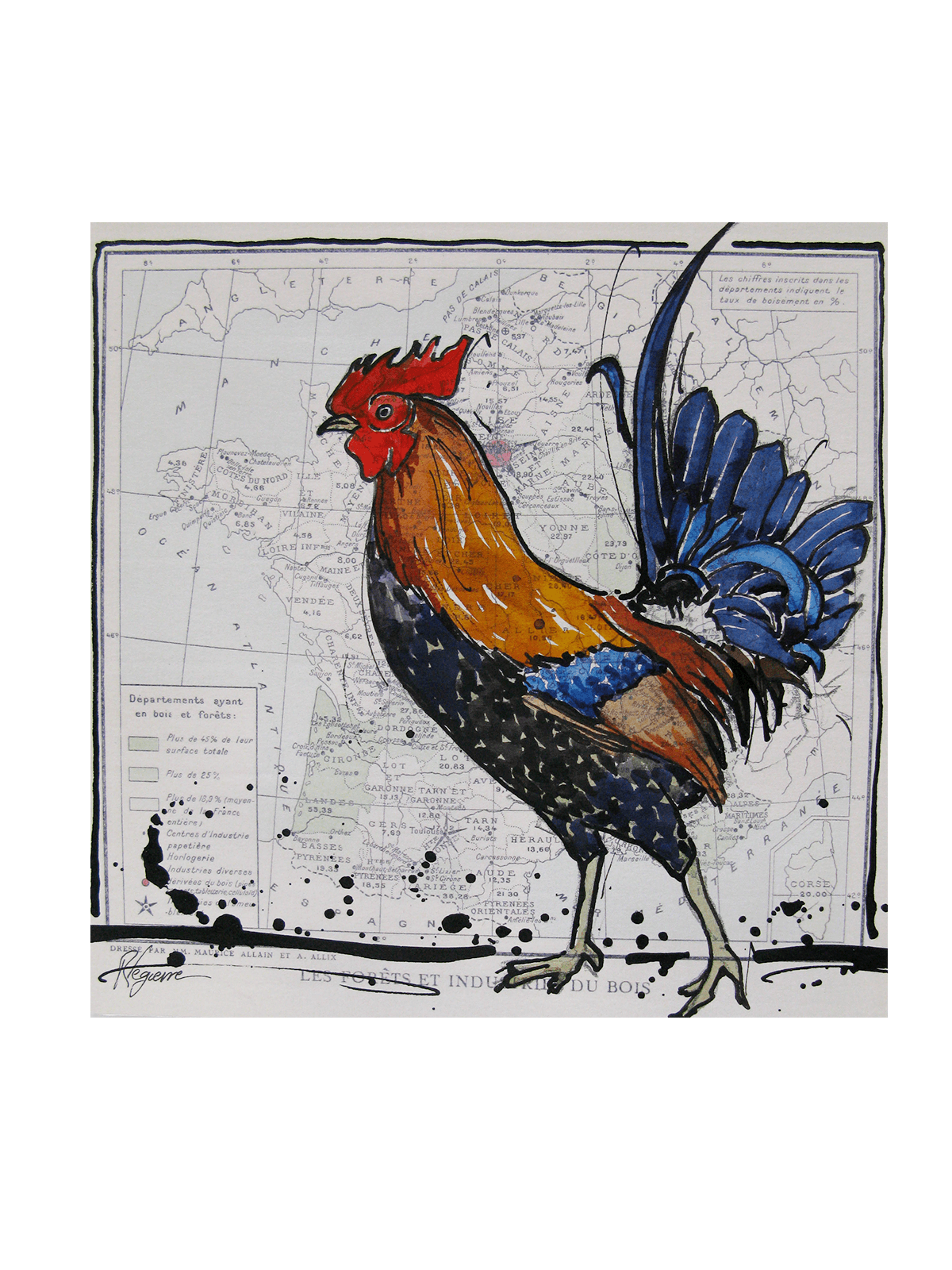 Dessin de CYRIL REGUERRE a pour titre COQ style figuratif dim : CYRIL REGUERREprix:70
