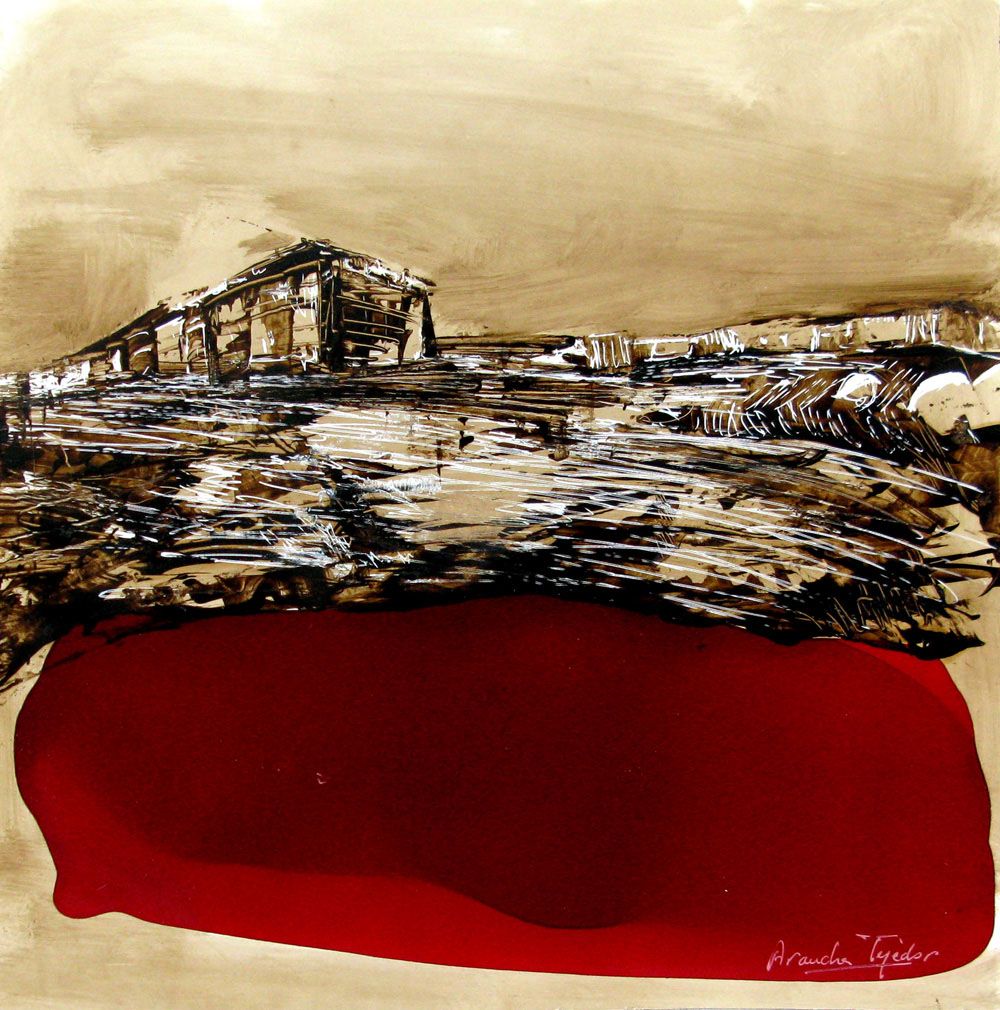 Dessin abstrait petit format rouge SERIE LAQUE 3 – ARANCHA TEJEDOR – 30 × 30 cm