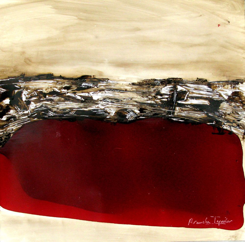 Dessin abstrait petit format rouge SERIE LAQUE 6 – ARANCHA TEJEDOR – 30 × 30 cm
